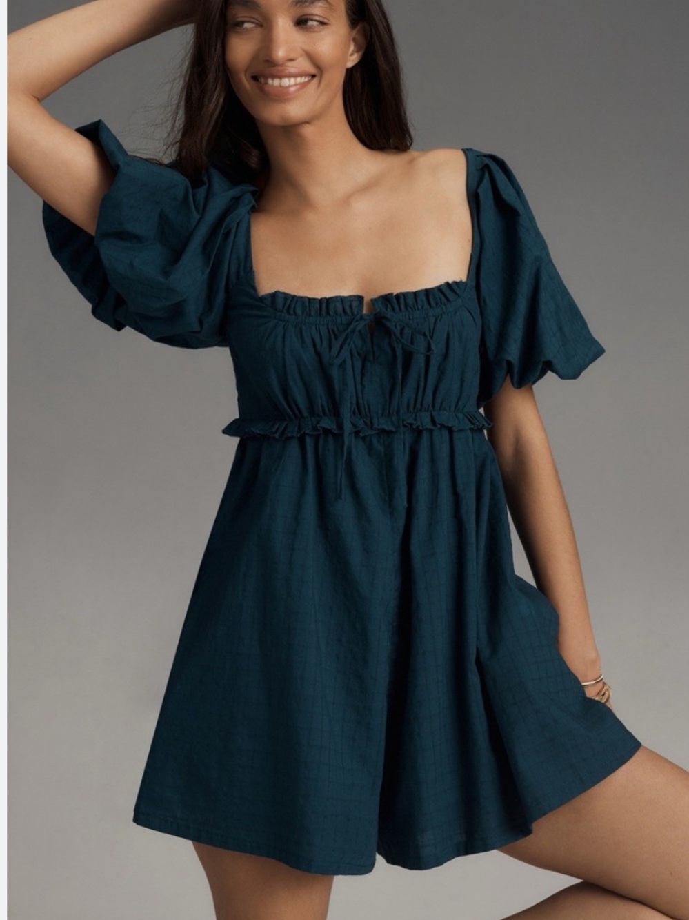 anthropologie pilcro Women's Teal Peasant romper with Ties L - Picture 8 of 9